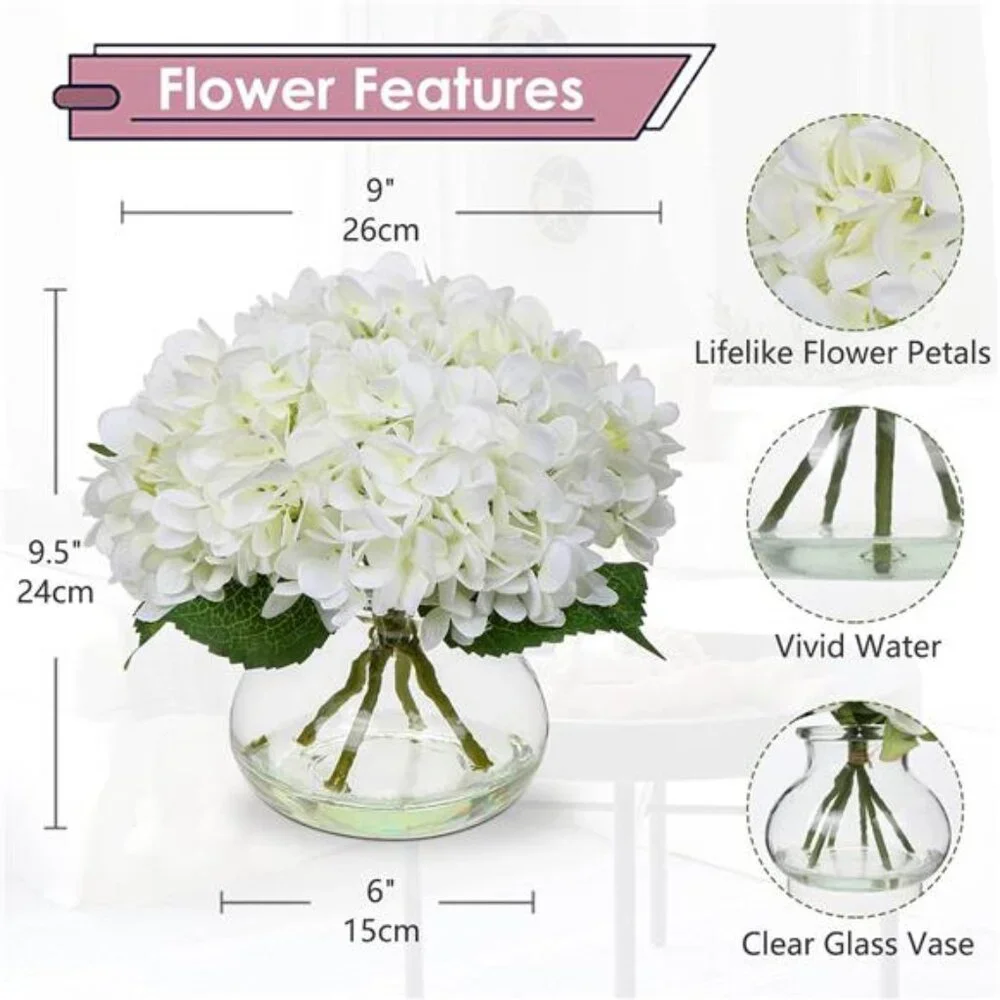 Hydrangea Artificial Flowers with Vase White Silk Fake Flowers Arrangements